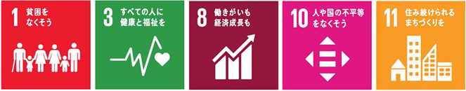 SDGsの目標：1. 貧困をなくそう　3. すべての人に健康と福祉を　8. 働きがいも経済成長も　10. 人や国の不平等をなくそう　11. 住み続けられるまちづくりを