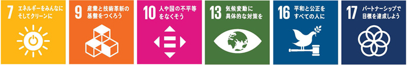 7. エネルギーをみんなに そしてクリーンに  9. 産業と技術革新の基盤をつくろう 10. 人や国の不平等をなくそう　13. 気候変動に具体的な対策を　16. 平和と公正をすべての人に　17. パートナーシップで目標を達成しよう