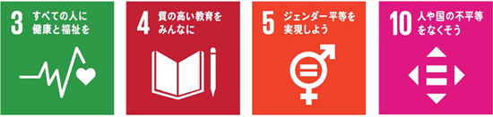 3. すべての人に健康と福祉を4. 質の高い教育をみんなに　5. ジェンダー平等を実現しよう　10. 人や国の不平等をなくそう