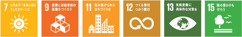 7. エネルギーをみんなに そしてクリーンに 9. 産業と技術革新の基盤をつくろう 11. 住み続けられるまちづくりを 12. つくる責任 つかう責任 13. 気候変動に具体的な対策を 15. 陸の豊かさも守ろう