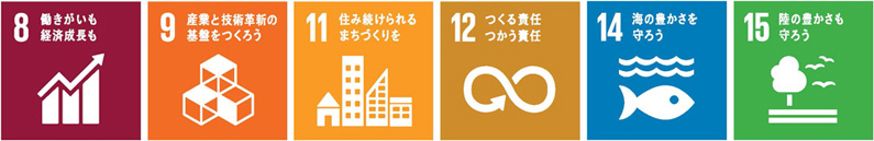 8. 働きがいも経済成長も　9. 産業と技術革新の基盤をつくろう　11. 住み続けられるまちづくりを　12. つくる責任 つかう責任　14. 海の豊かさを守ろう　15. 陸の豊かさも守ろう